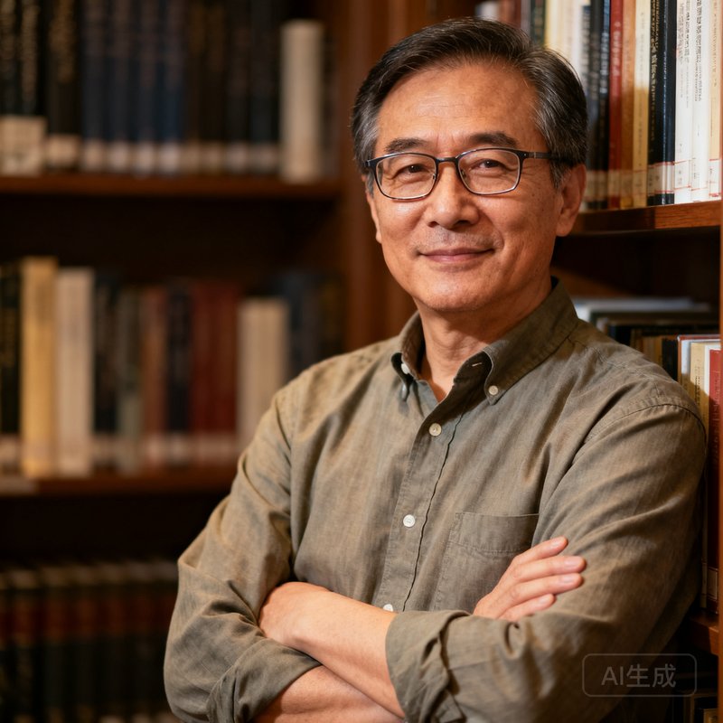一位四十岁左右的男性资深媒体人肖像，穿着休闲衬衫，戴眼镜，在书架前双臂交叉站立，神态自信从容